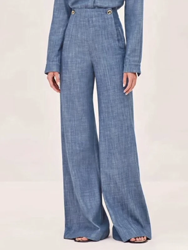 Krisstargirl 2025 New Fashion Simple Casual Straight Leg Pants for Women Blue High Waisted Trousers for Office Ladies Clothing