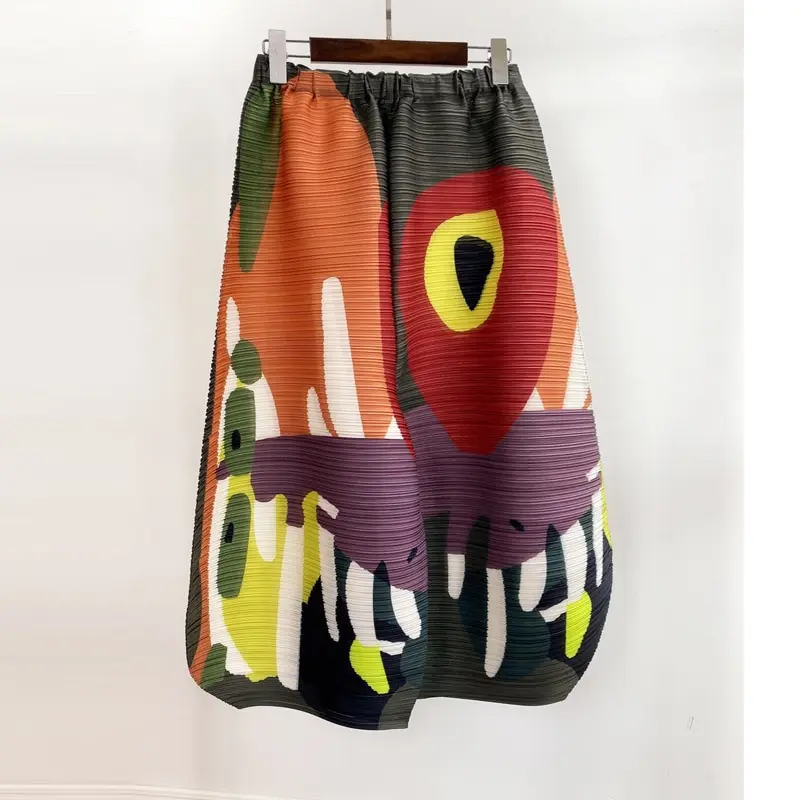 YUDX Miyake Pleated Wide Leg Pants Woman Multicolor Print Elastic High Waist Loose Plus Size 2025 New Autumn Women Clothing