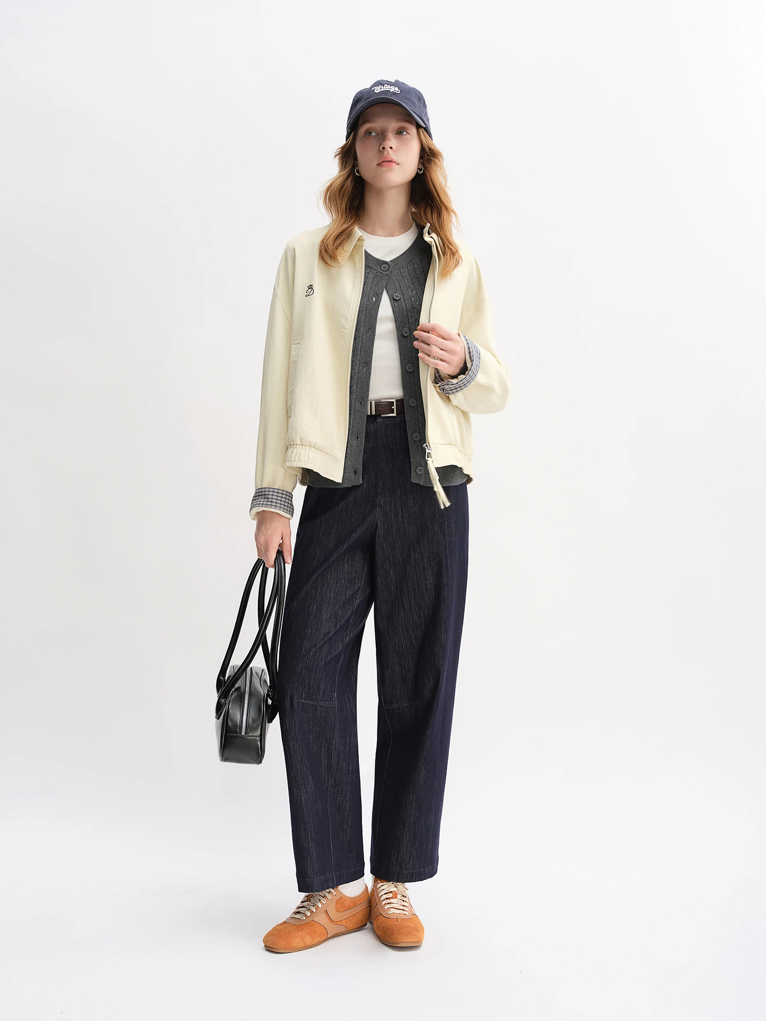DUSHU Autumn 2025 Women's Vintage Wide Leg Jeans - Curve Flattering High Waist Stretch Denim Pants Arc Hem Casual Comfort Fit