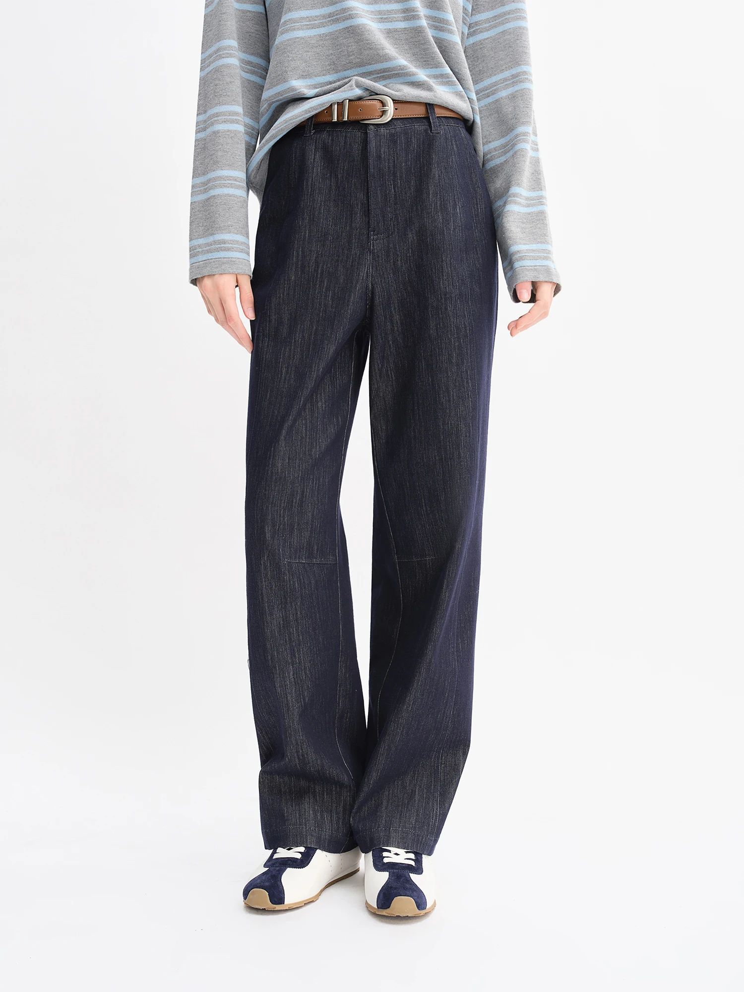 DUSHU Autumn 2025 Women's Vintage Wide Leg Jeans - Curve Flattering High Waist Stretch Denim Pants Arc Hem Casual Comfort Fit