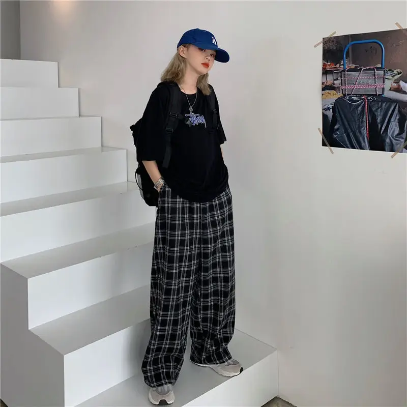 JMPRS Black Women Plaid Pants Casual Oversize Loose Wide Leg Trouser Retro Teens Harajuku Hip-hop All-match Streetwear S - 3XL