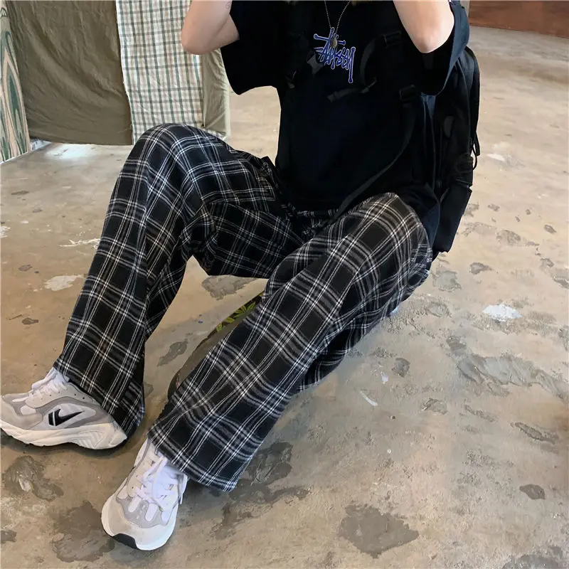 JMPRS Black Women Plaid Pants Casual Oversize Loose Wide Leg Trouser Retro Teens Harajuku Hip-hop All-match Streetwear S - 3XL