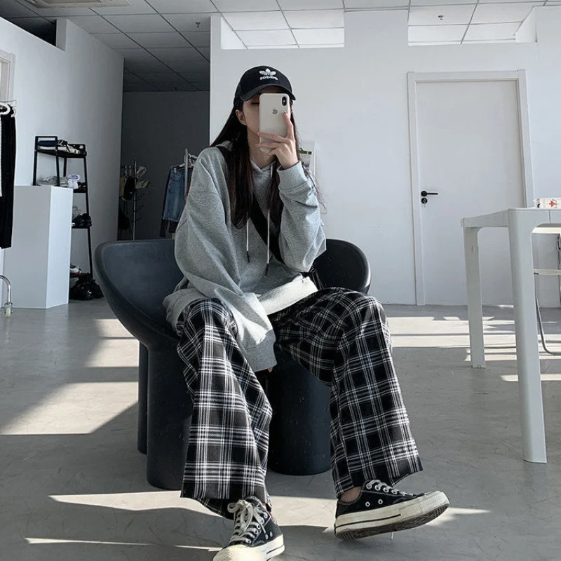 JMPRS Black Women Plaid Pants Casual Oversize Loose Wide Leg Trouser Retro Teens Harajuku Hip-hop All-match Streetwear S - 3XL