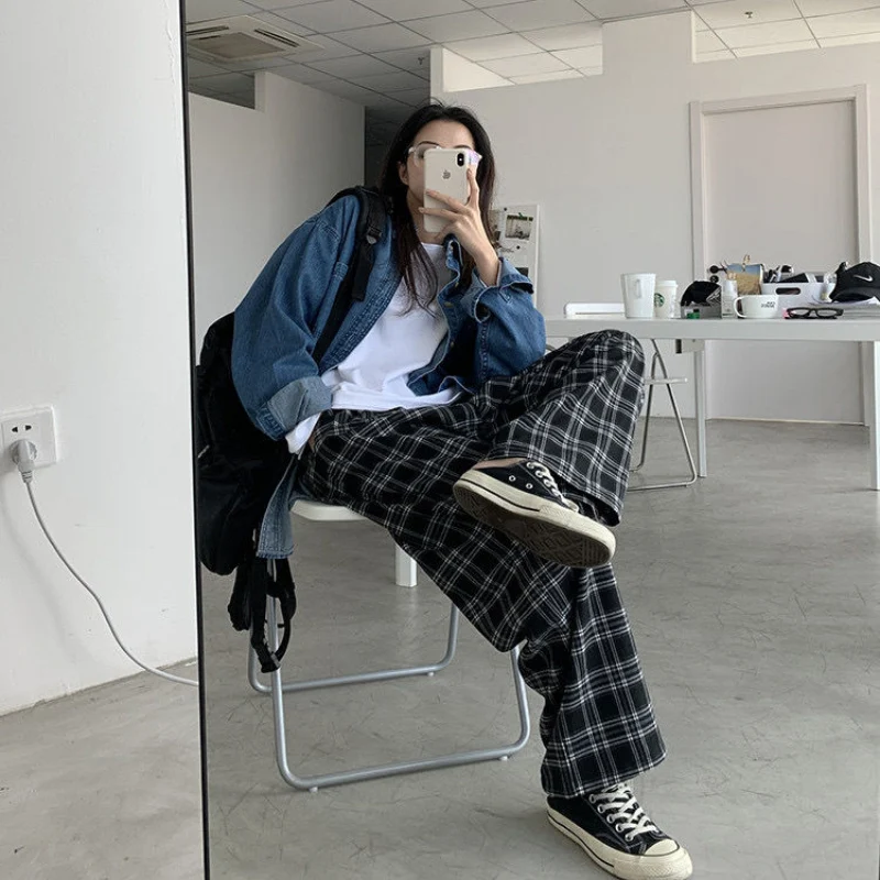 JMPRS Black Women Plaid Pants Casual Oversize Loose Wide Leg Trouser Retro Teens Harajuku Hip-hop All-match Streetwear S - 3XL
