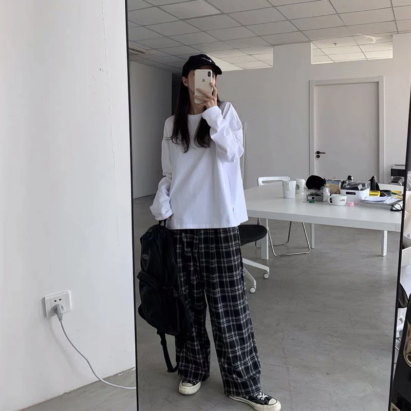 JMPRS Black Women Plaid Pants Casual Oversize Loose Wide Leg Trouser Retro Teens Harajuku Hip-hop All-match Streetwear S - 3XL