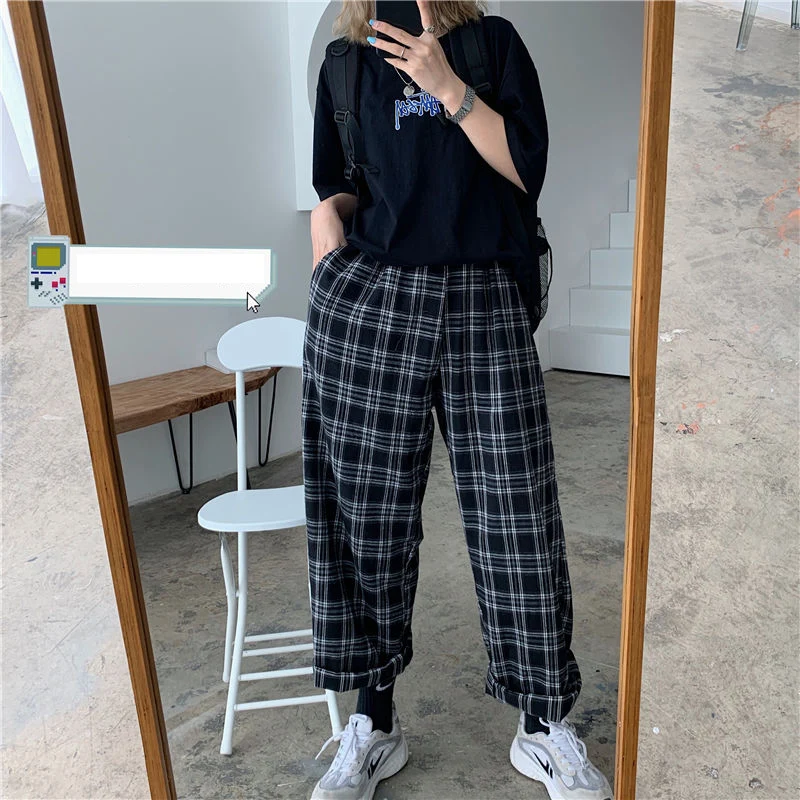 JMPRS Black Women Plaid Pants Casual Oversize Loose Wide Leg Trouser Retro Teens Harajuku Hip-hop All-match Streetwear S - 3XL