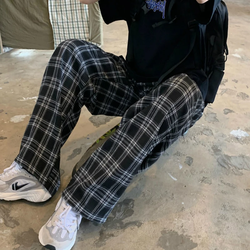 JMPRS Black Women Plaid Pants Casual Oversize Loose Wide Leg Trouser Retro Teens Harajuku Hip-hop All-match Streetwear S - 3XL