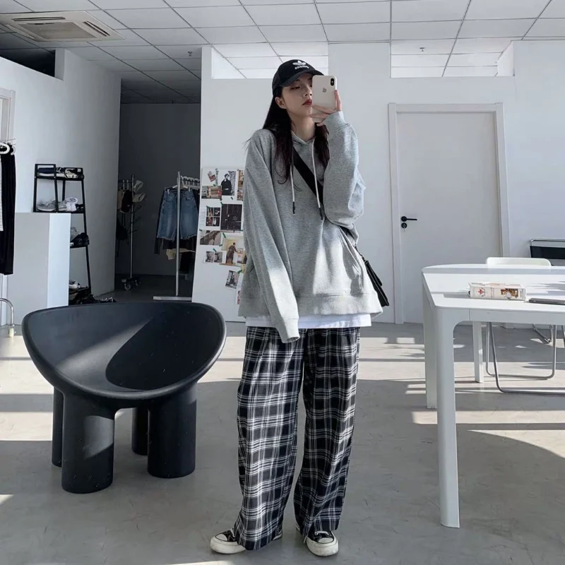 JMPRS Black Women Plaid Pants Casual Oversize Loose Wide Leg Trouser Retro Teens Harajuku Hip-hop All-match Streetwear S - 3XL