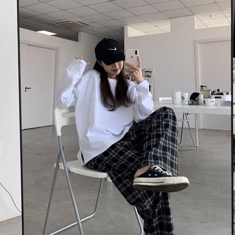 JMPRS Black Women Plaid Pants Casual Oversize Loose Wide Leg Trouser Retro Teens Harajuku Hip-hop All-match Streetwear S - 3XL