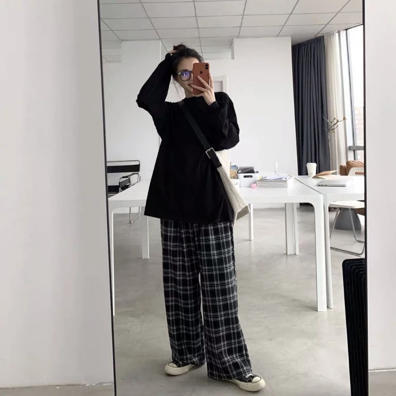 JMPRS Black Women Plaid Pants Casual Oversize Loose Wide Leg Trouser Retro Teens Harajuku Hip-hop All-match Streetwear S - 3XL