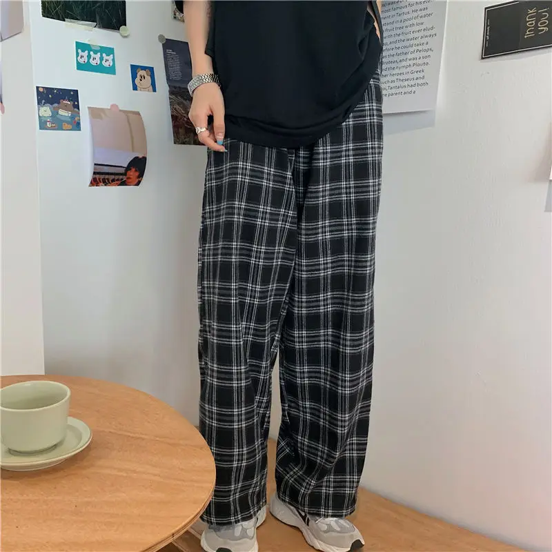 JMPRS Black Women Plaid Pants Casual Oversize Loose Wide Leg Trouser Retro Teens Harajuku Hip-hop All-match Streetwear S - 3XL