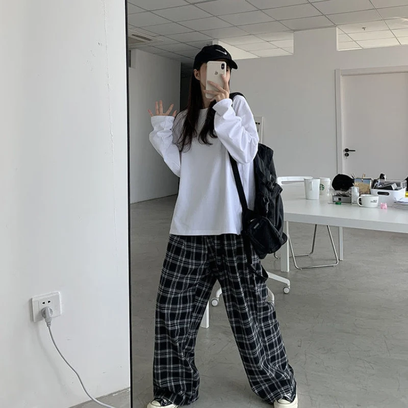 JMPRS Black Women Plaid Pants Casual Oversize Loose Wide Leg Trouser Retro Teens Harajuku Hip-hop All-match Streetwear S - 3XL