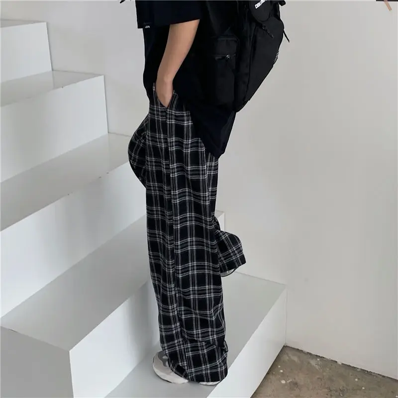 JMPRS Black Women Plaid Pants Casual Oversize Loose Wide Leg Trouser Retro Teens Harajuku Hip-hop All-match Streetwear S - 3XL