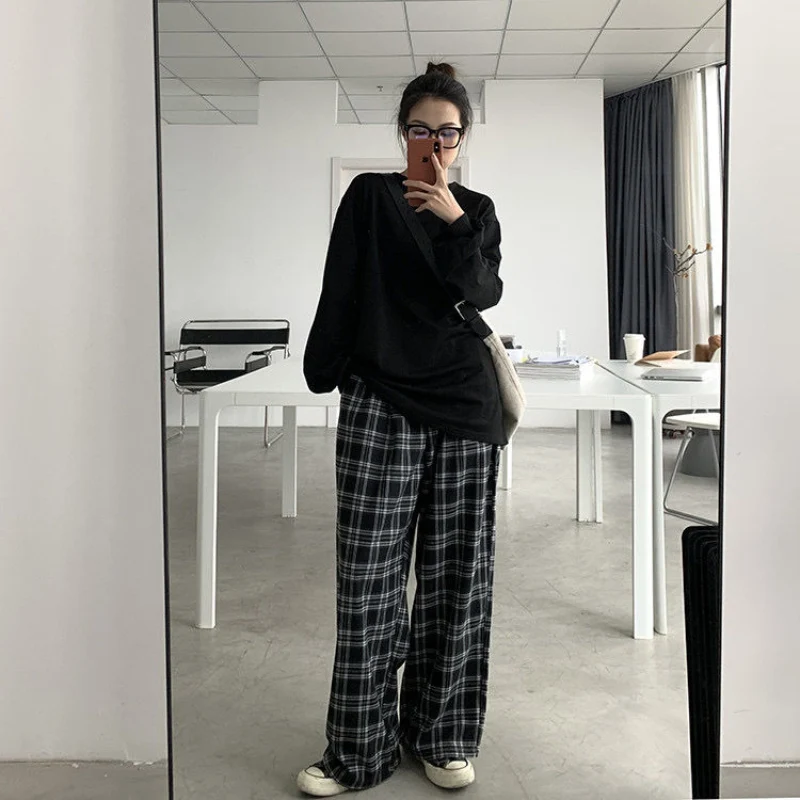 JMPRS Black Women Plaid Pants Casual Oversize Loose Wide Leg Trouser Retro Teens Harajuku Hip-hop All-match Streetwear S - 3XL