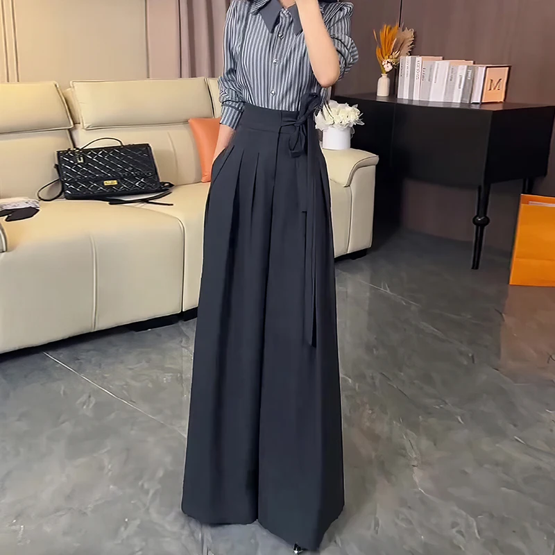 Korean Royal Sister Style Gray Suit Pants Women's 2025 New High Waist Drape Strap Design Wide Leg Trousers