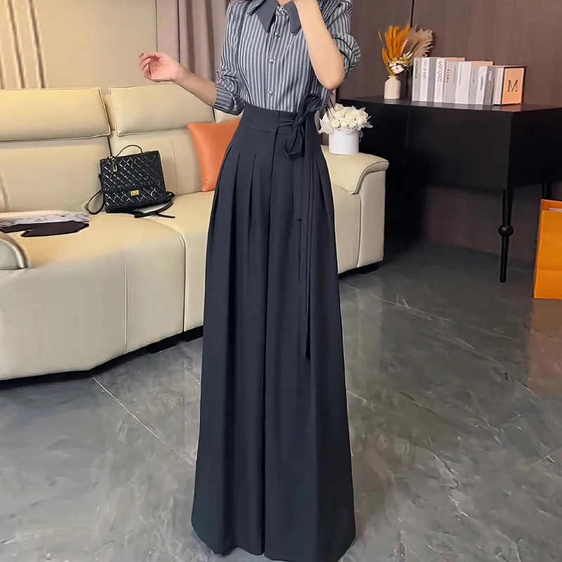 Korean Royal Sister Style Gray Suit Pants Women's 2025 New High Waist Drape Strap Design Wide Leg Trousers