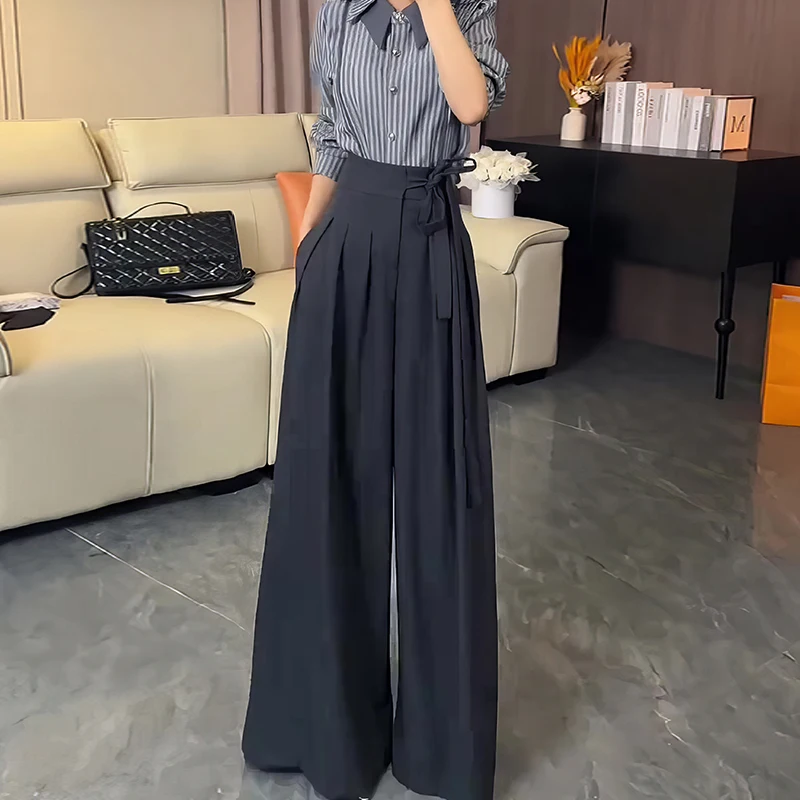 Korean Royal Sister Style Gray Suit Pants Women's 2025 New High Waist Drape Strap Design Wide Leg Trousers