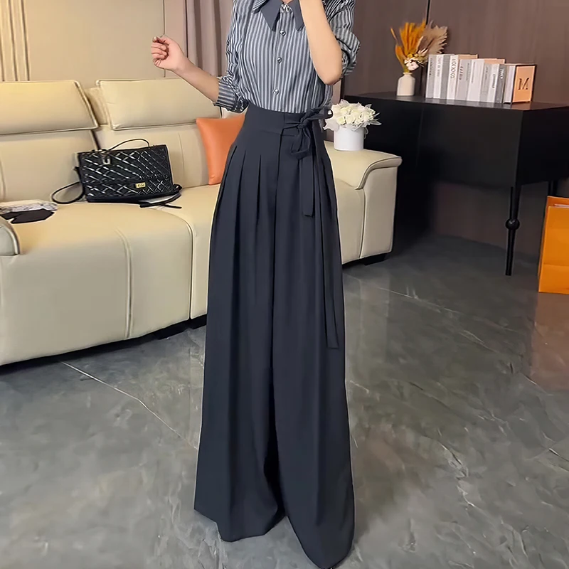 Korean Royal Sister Style Gray Suit Pants Women's 2025 New High Waist Drape Strap Design Wide Leg Trousers