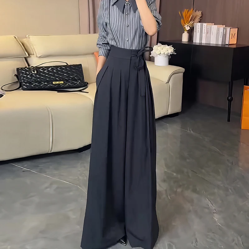 Korean Royal Sister Style Gray Suit Pants Women's 2025 New High Waist Drape Strap Design Wide Leg Trousers