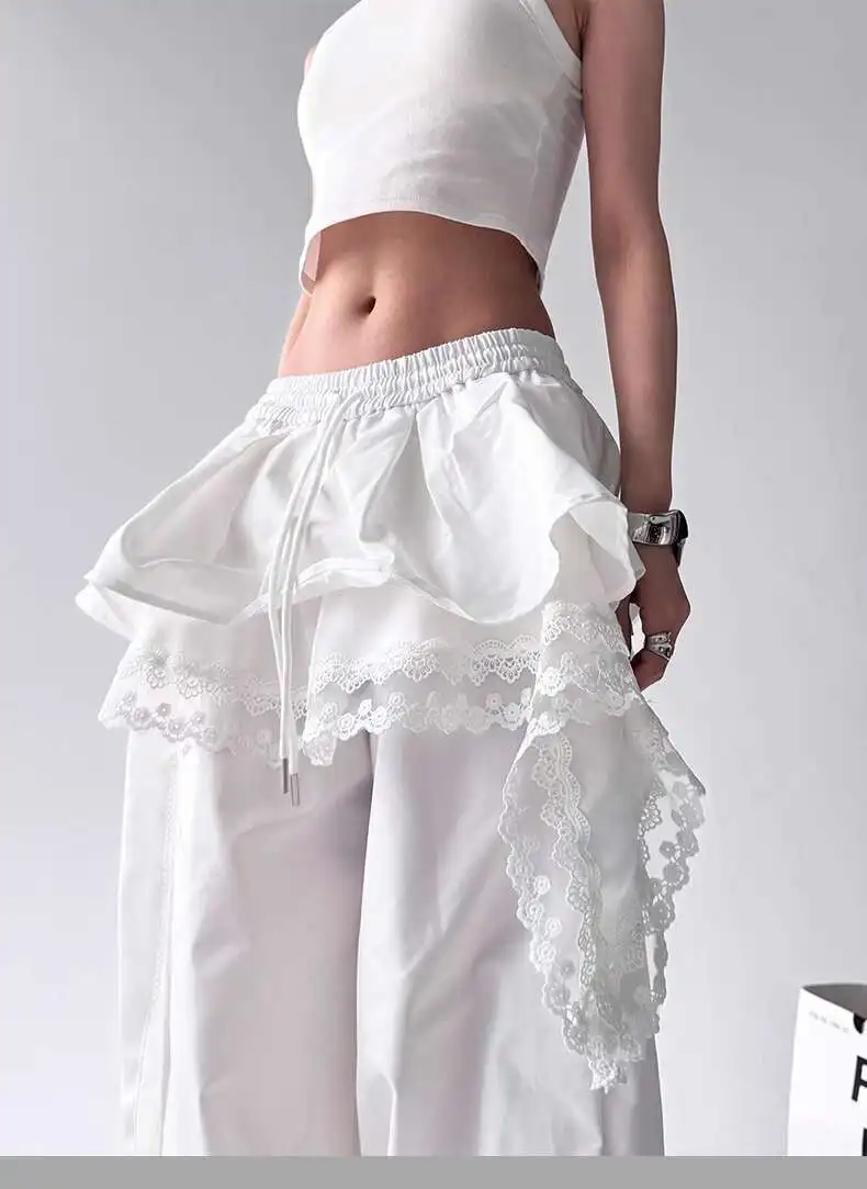 MEXZT Y2K Black Cargo Pants Women Streetwear Lace Patchwork White Wide Leg Pants Summer Gyaru Harajuku Korean Baggy Trousers New