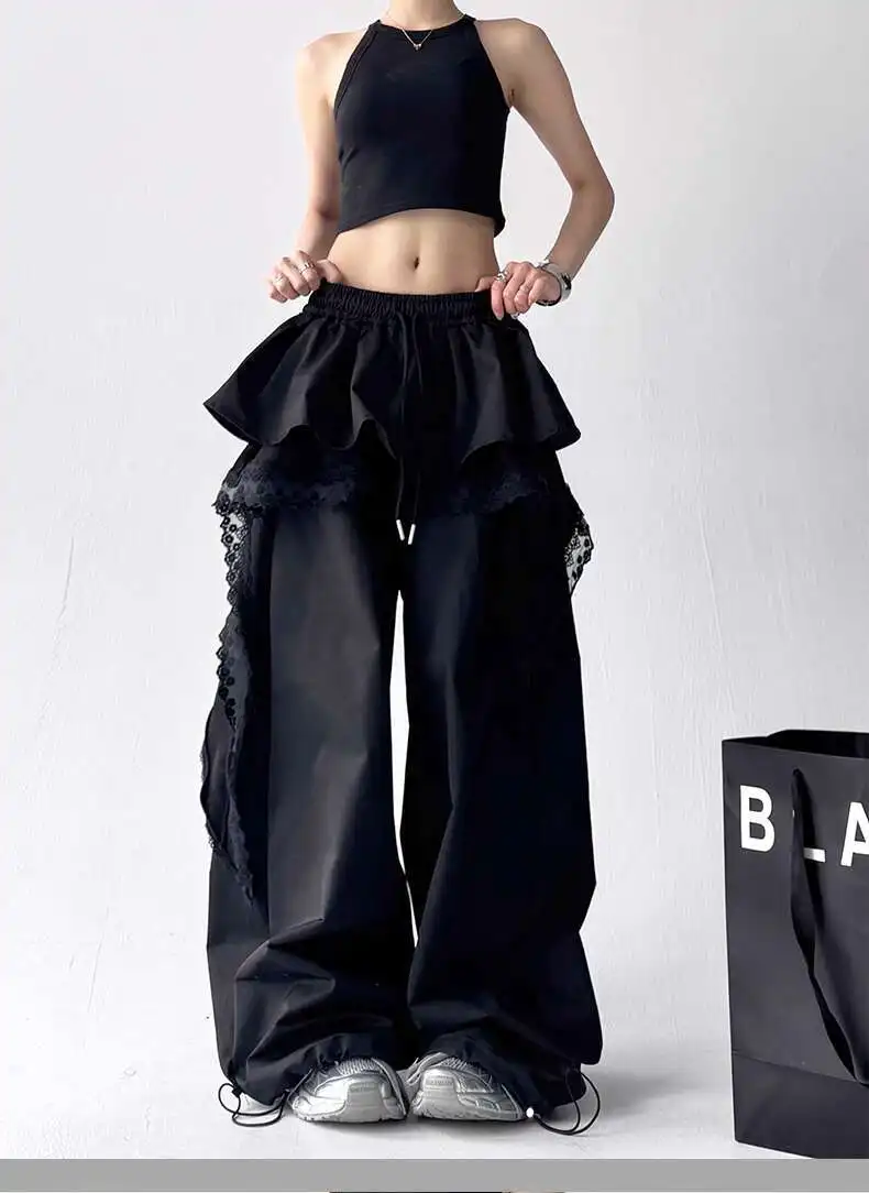 MEXZT Y2K Black Cargo Pants Women Streetwear Lace Patchwork White Wide Leg Pants Summer Gyaru Harajuku Korean Baggy Trousers New