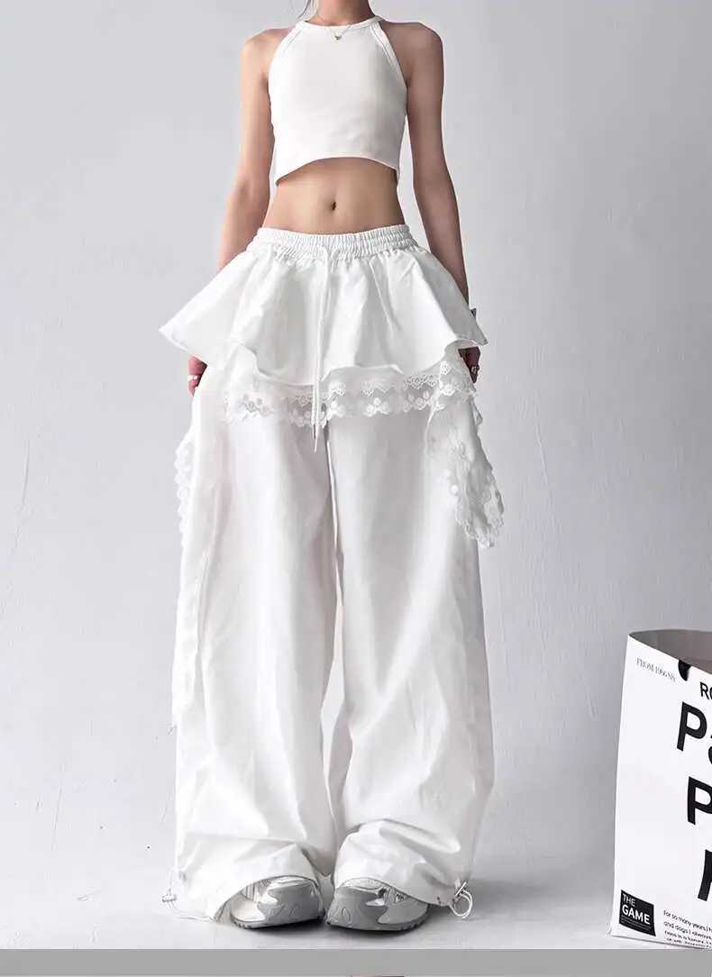 MEXZT Y2K Black Cargo Pants Women Streetwear Lace Patchwork White Wide Leg Pants Summer Gyaru Harajuku Korean Baggy Trousers New