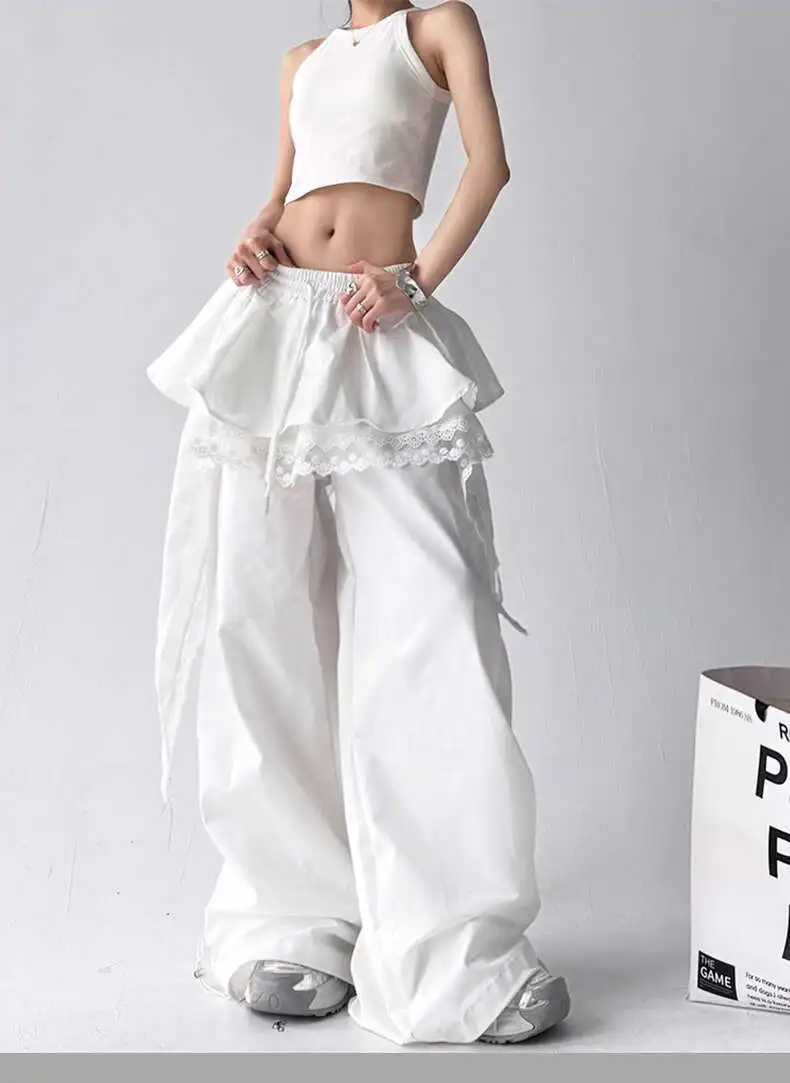 MEXZT Y2K Black Cargo Pants Women Streetwear Lace Patchwork White Wide Leg Pants Summer Gyaru Harajuku Korean Baggy Trousers New