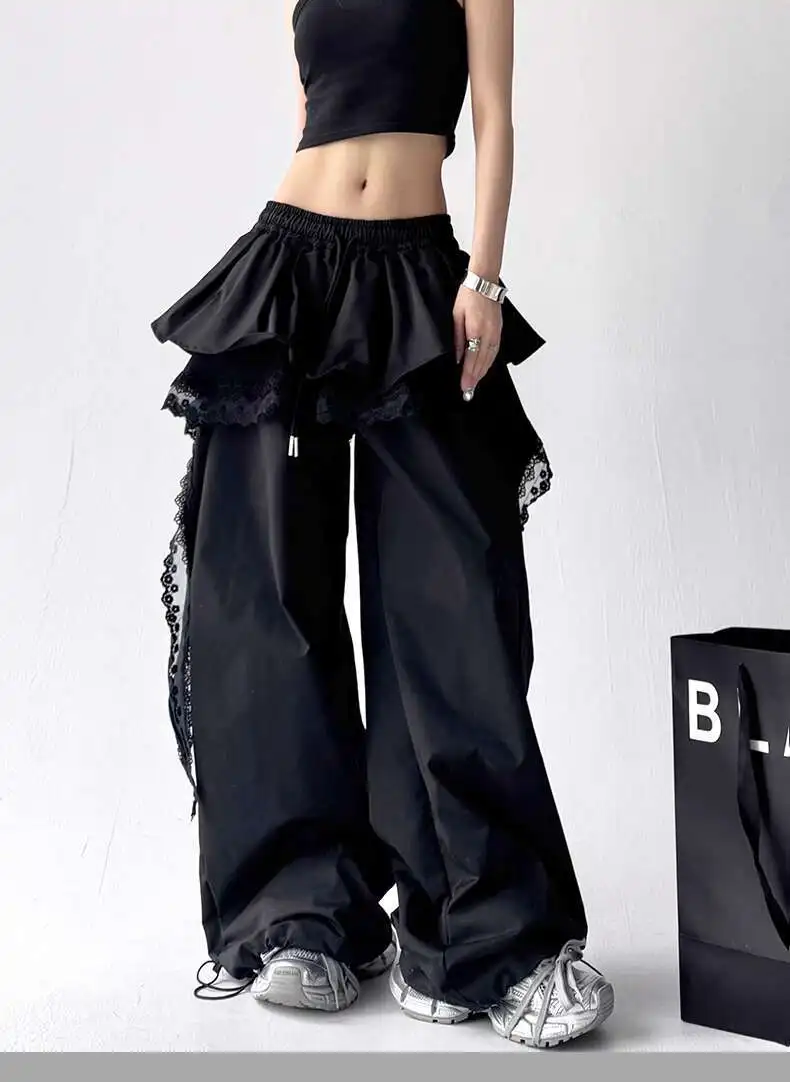 MEXZT Y2K Black Cargo Pants Women Streetwear Lace Patchwork White Wide Leg Pants Summer Gyaru Harajuku Korean Baggy Trousers New