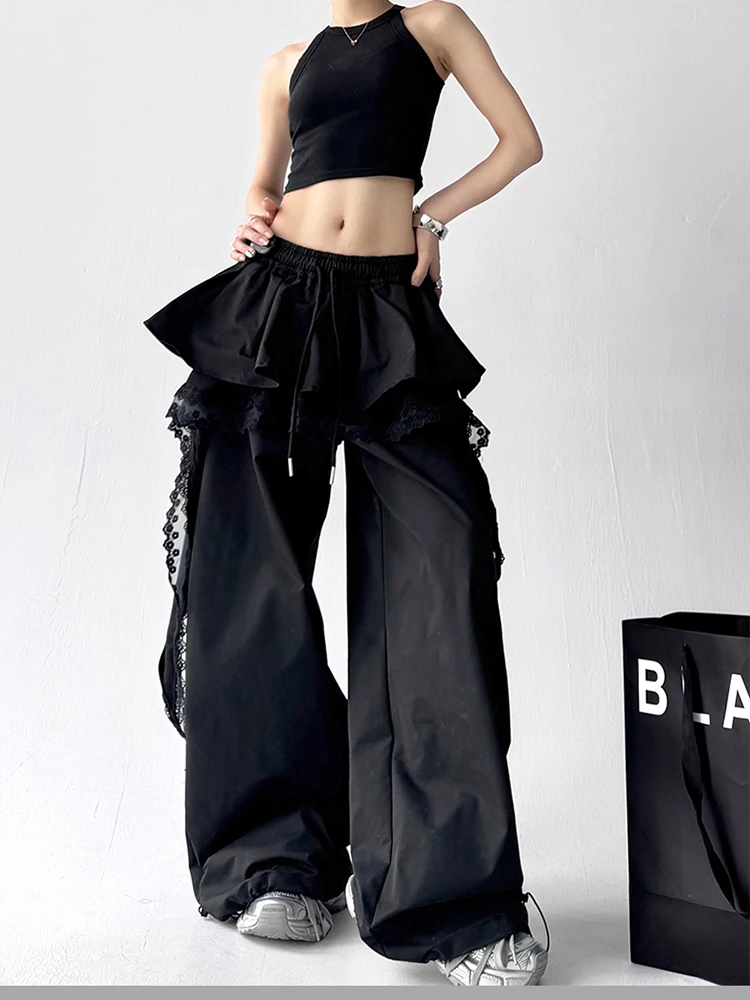 MEXZT Y2K Black Cargo Pants Women Streetwear Lace Patchwork White Wide Leg Pants Summer Gyaru Harajuku Korean Baggy Trousers New