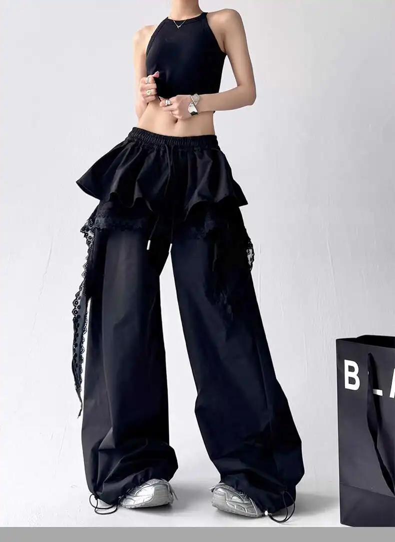 MEXZT Y2K Black Cargo Pants Women Streetwear Lace Patchwork White Wide Leg Pants Summer Gyaru Harajuku Korean Baggy Trousers New