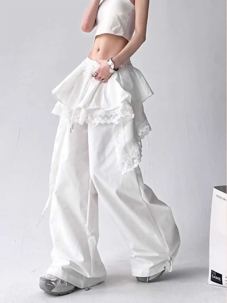 MEXZT Y2K Black Cargo Pants Women Streetwear Lace Patchwork White Wide Leg Pants Summer Gyaru Harajuku Korean Baggy Trousers New