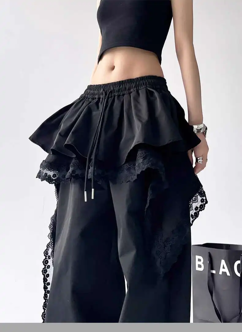 MEXZT Y2K Black Cargo Pants Women Streetwear Lace Patchwork White Wide Leg Pants Summer Gyaru Harajuku Korean Baggy Trousers New