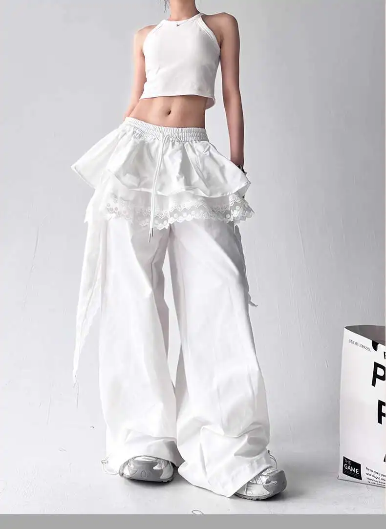 MEXZT Y2K Black Cargo Pants Women Streetwear Lace Patchwork White Wide Leg Pants Summer Gyaru Harajuku Korean Baggy Trousers New