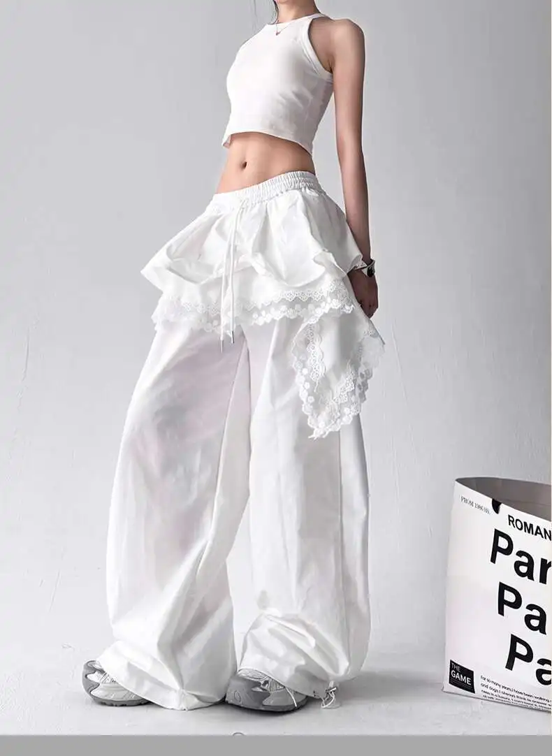 MEXZT Y2K Black Cargo Pants Women Streetwear Lace Patchwork White Wide Leg Pants Summer Gyaru Harajuku Korean Baggy Trousers New