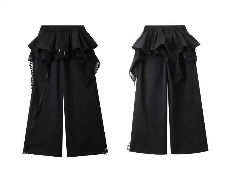 MEXZT Y2K Black Cargo Pants Women Streetwear Lace Patchwork White Wide Leg Pants Summer Gyaru Harajuku Korean Baggy Trousers New