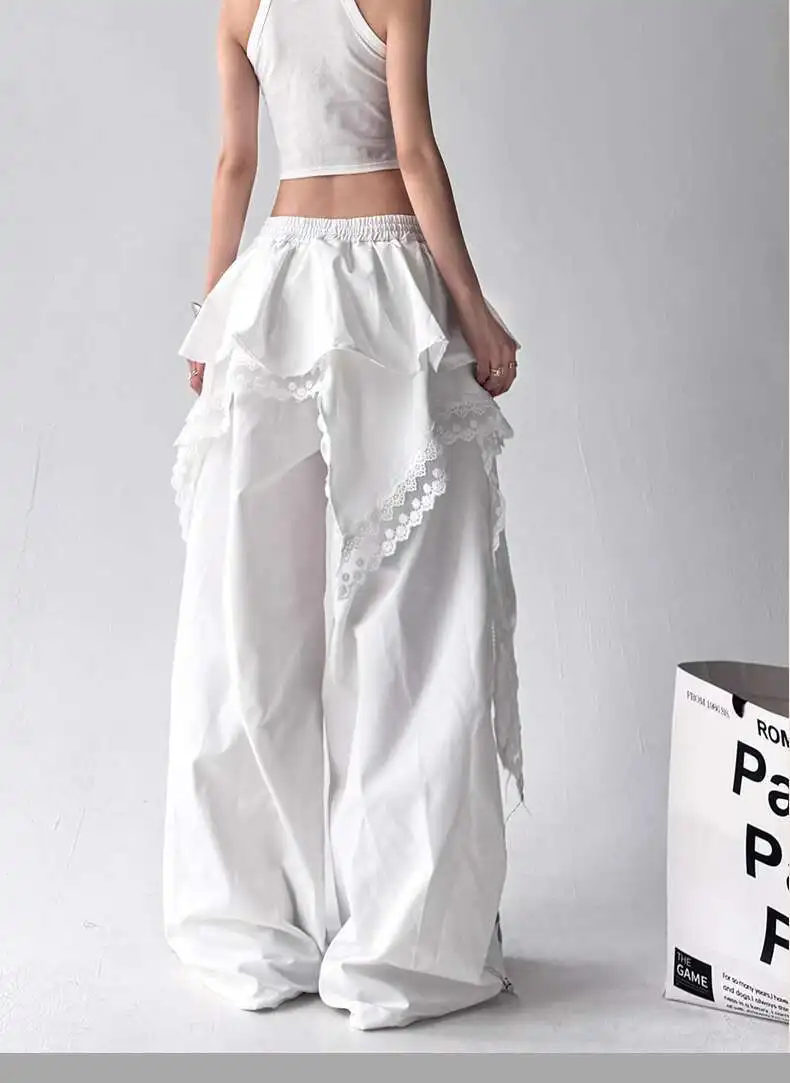 MEXZT Y2K Black Cargo Pants Women Streetwear Lace Patchwork White Wide Leg Pants Summer Gyaru Harajuku Korean Baggy Trousers New