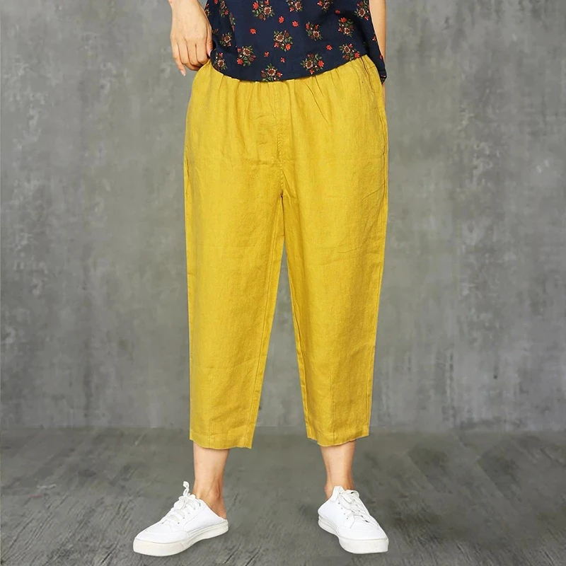 Lucyever Casual Cotton Linen Pants Women 2022 Spring Summer Elastic Waist Ankle Pants Woman Solid Color Harem Trousers Hot Sale