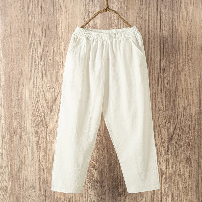 Lucyever Casual Cotton Linen Pants Women 2022 Spring Summer Elastic Waist Ankle Pants Woman Solid Color Harem Trousers Hot Sale