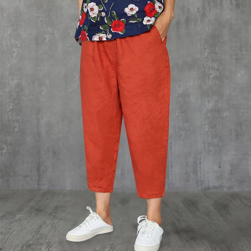 Lucyever Casual Cotton Linen Pants Women 2022 Spring Summer Elastic Waist Ankle Pants Woman Solid Color Harem Trousers Hot Sale