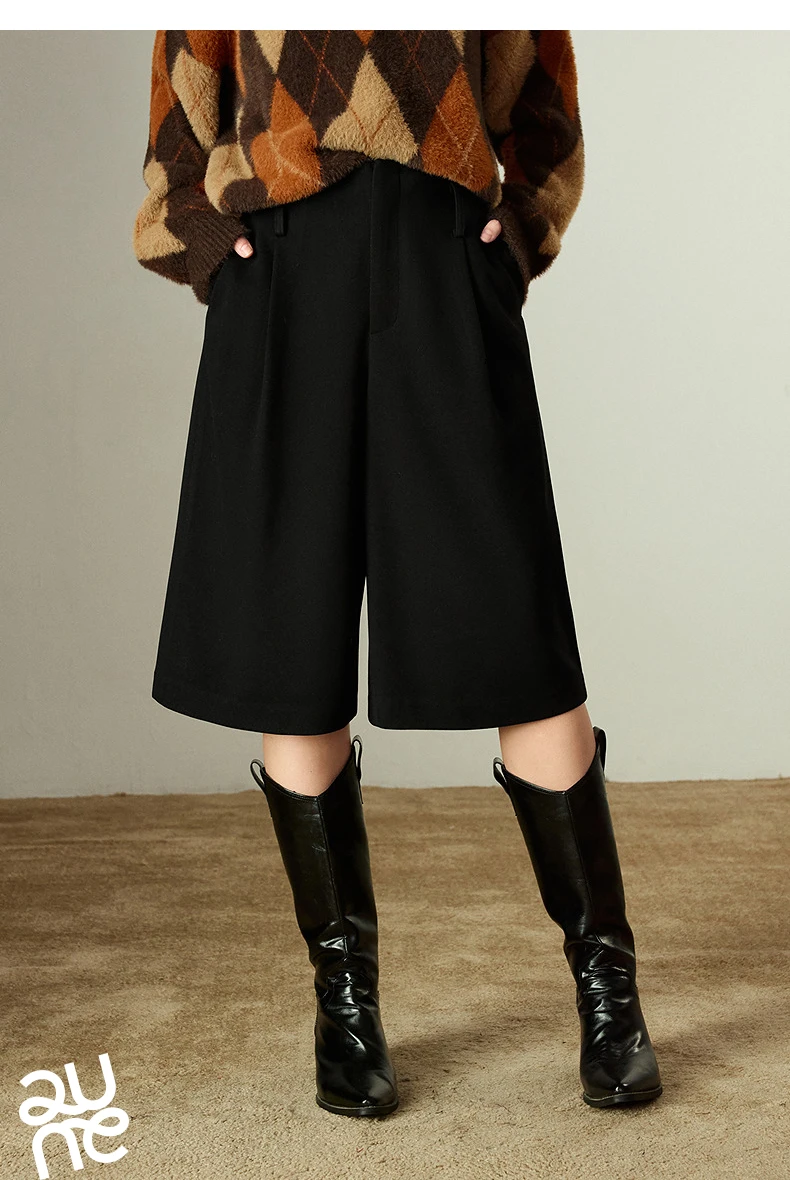 TOYOUTH Women Capris 2025 Winter New Pleated Wide-Leg Elegant Commuting Casual Warm Wool-Blend Trousers