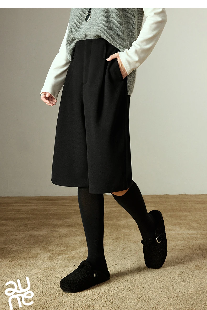 TOYOUTH Women Capris 2025 Winter New Pleated Wide-Leg Elegant Commuting Casual Warm Wool-Blend Trousers