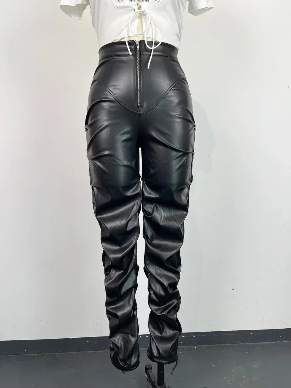Women's Pants Wholesale Items High Waist Pu Leather Black Wide Leg Pants for Women Casual Fashion Loose Streetwear Trouser Femme