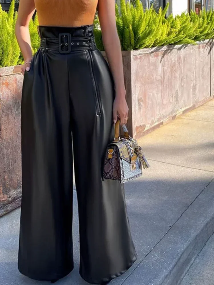 Women's Pants Wholesale Items High Waist Pu Leather Black Wide Leg Pants for Women Casual Fashion Loose Streetwear Trouser Femme