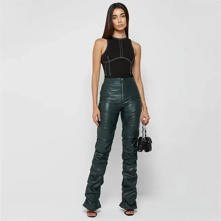 Women's Pants Wholesale Items High Waist Pu Leather Black Wide Leg Pants for Women Casual Fashion Loose Streetwear Trouser Femme