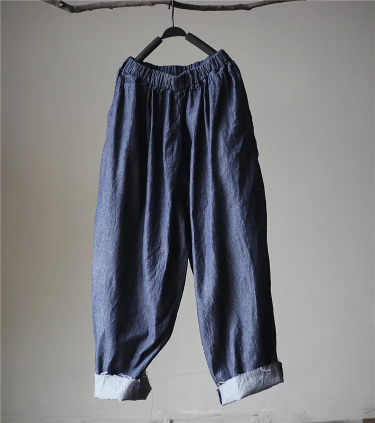 Johnature 2025 New Women Dark Blue Jeans Mid Elastic Waist Pants Summer Solid Color Loose Vintage Ankle-Length Pants