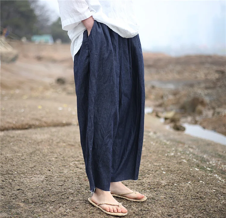 Johnature 2025 New Women Dark Blue Jeans Mid Elastic Waist Pants Summer Solid Color Loose Vintage Ankle-Length Pants