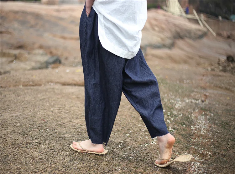 Johnature 2025 New Women Dark Blue Jeans Mid Elastic Waist Pants Summer Solid Color Loose Vintage Ankle-Length Pants