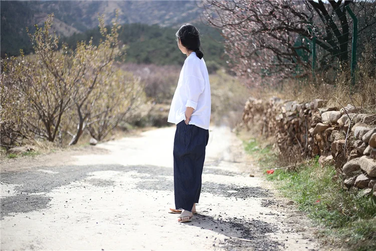 Johnature 2025 New Women Dark Blue Jeans Mid Elastic Waist Pants Summer Solid Color Loose Vintage Ankle-Length Pants