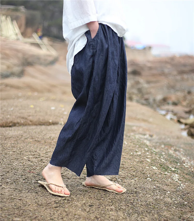 Johnature 2025 New Women Dark Blue Jeans Mid Elastic Waist Pants Summer Solid Color Loose Vintage Ankle-Length Pants