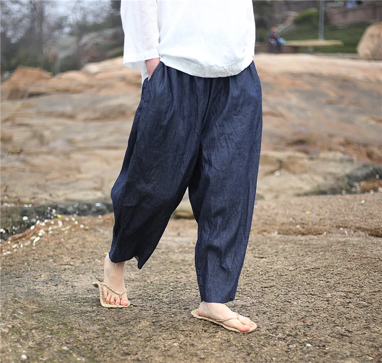 Johnature 2025 New Women Dark Blue Jeans Mid Elastic Waist Pants Summer Solid Color Loose Vintage Ankle-Length Pants